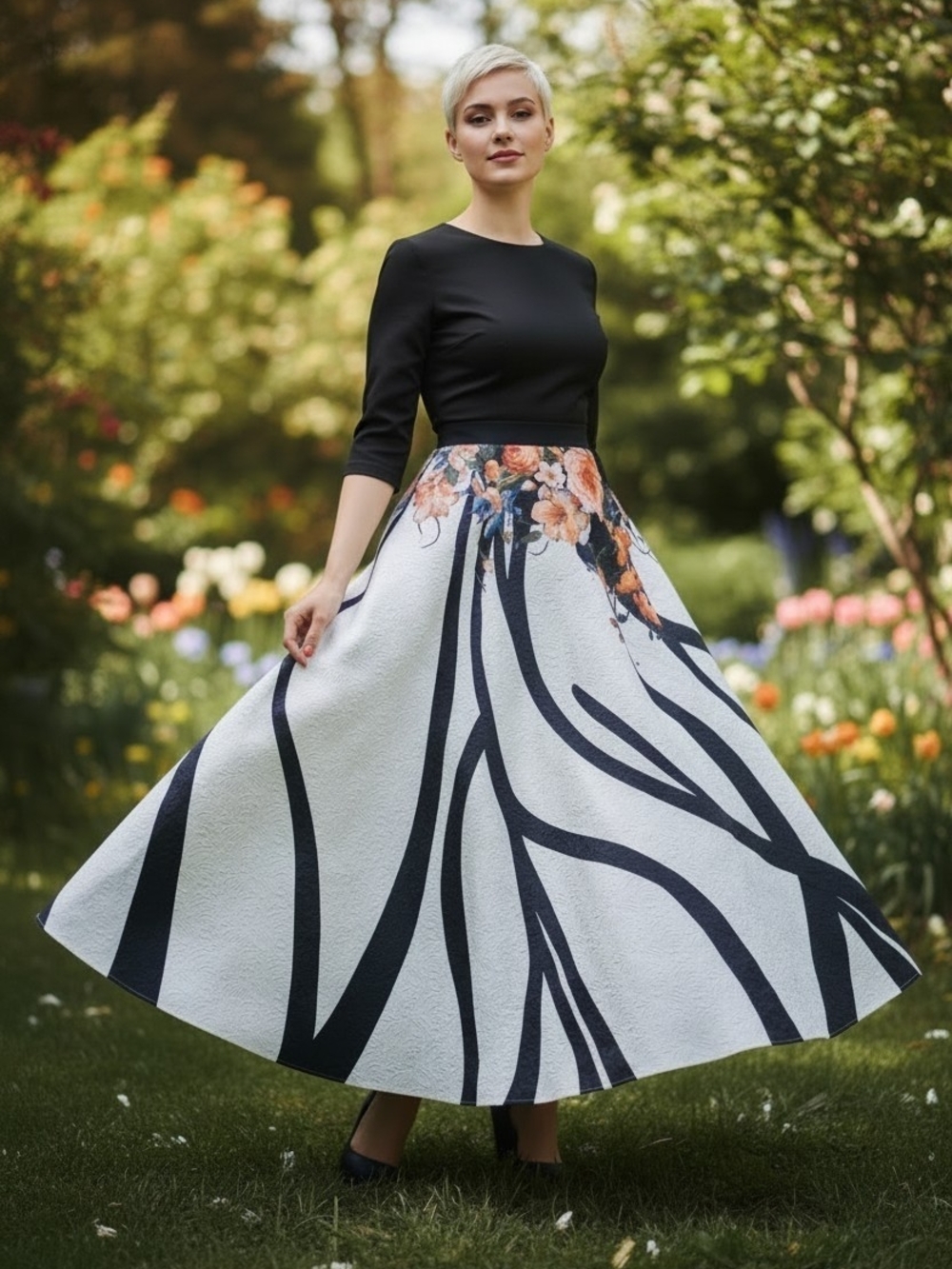 Tony Bowls Black & White Floral A-Line Skirt - Size 14